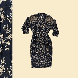 1980s John Roberts floral maxi dress, size 12 vintage black/beige pleated dress